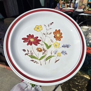 Vintage Floral Dinner Platter with Red Rim